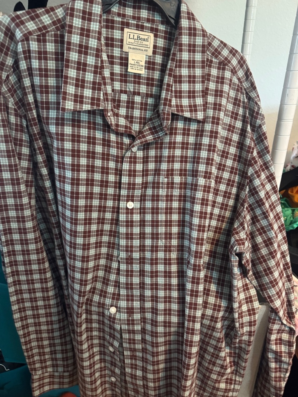 L.L. Bean Burgundy and Light Blue Plaid Button-Down Shirt
